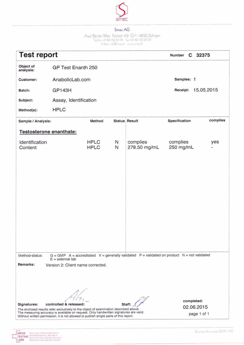 Geneza Pharma GP Test Enanth 250 lab report PHOTO