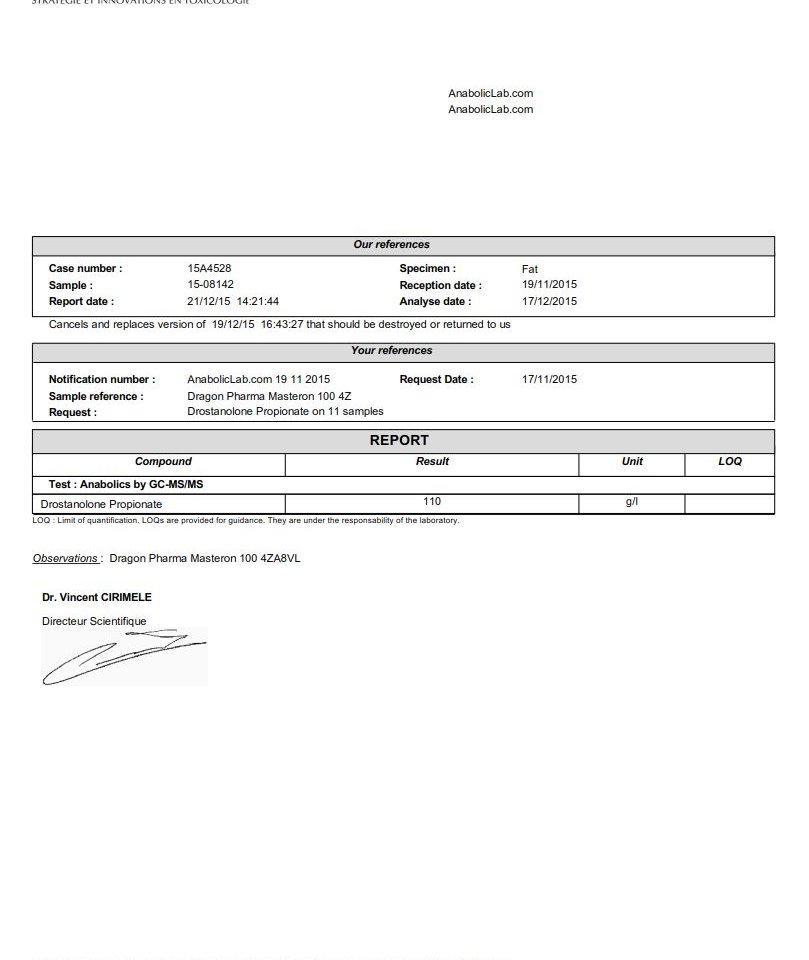 ChemTox revealed that it contained 110 mg/ml of drostanolone propionate.