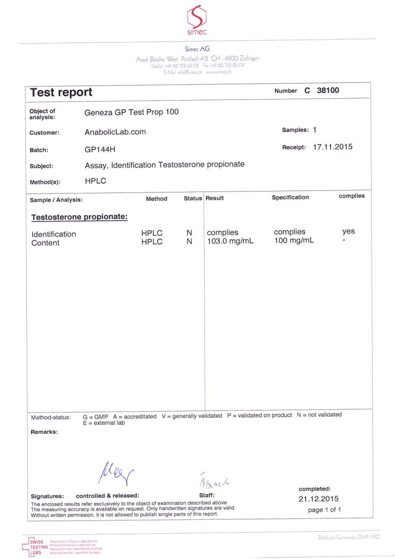 Geneza Pharma GP Test Prop 100 lab report  PHOTO