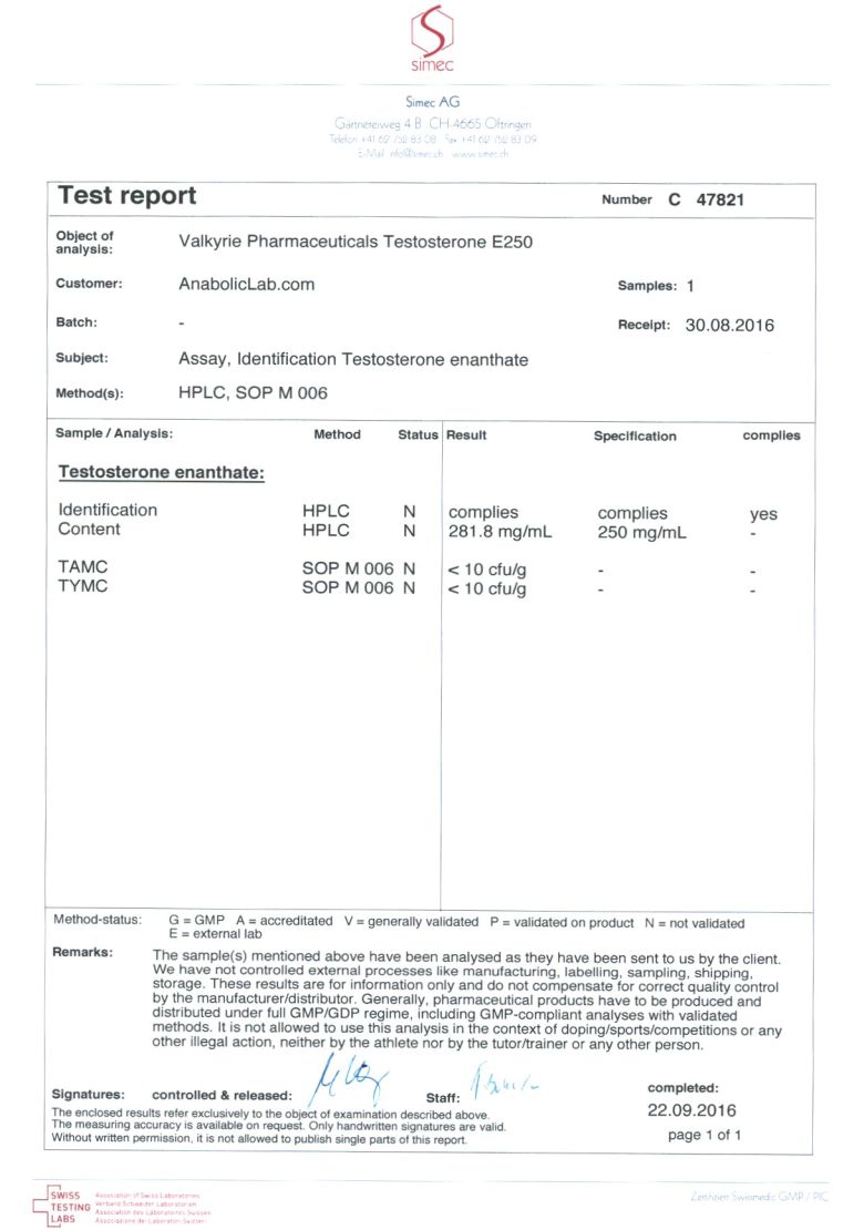 Valkyrie Pharmaceutical Testosterone E250 lab report PHOTO