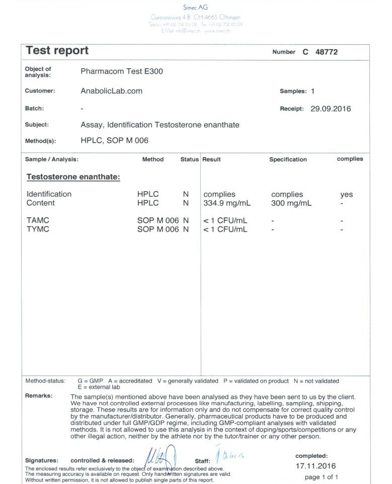 Pharmacom Labs PHARMA Test E300 lab report PHOTO